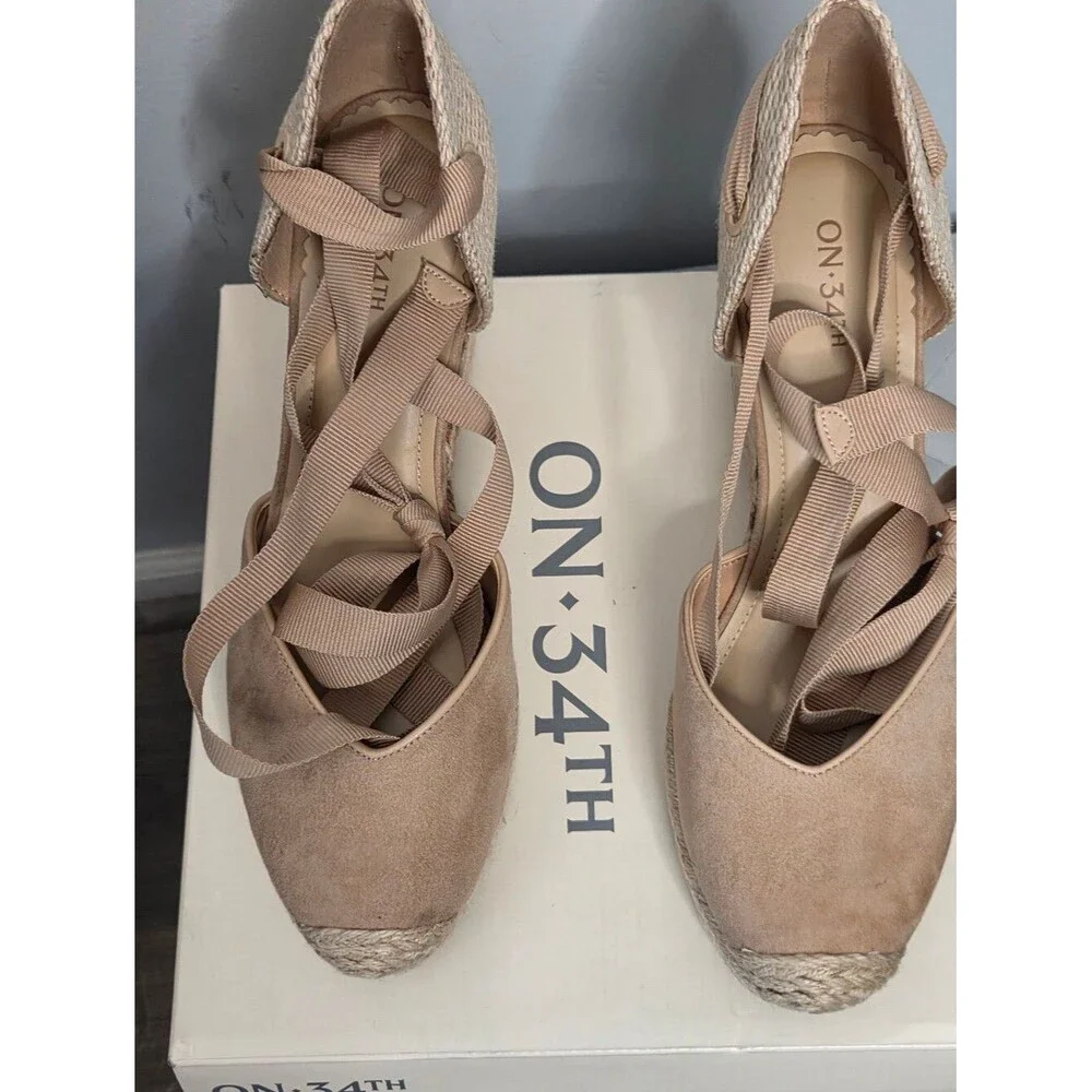 On 34th Mel8nda Buff Nude Espadrille Wedge Sandals with Ankle Tie, Sz 11, NIB